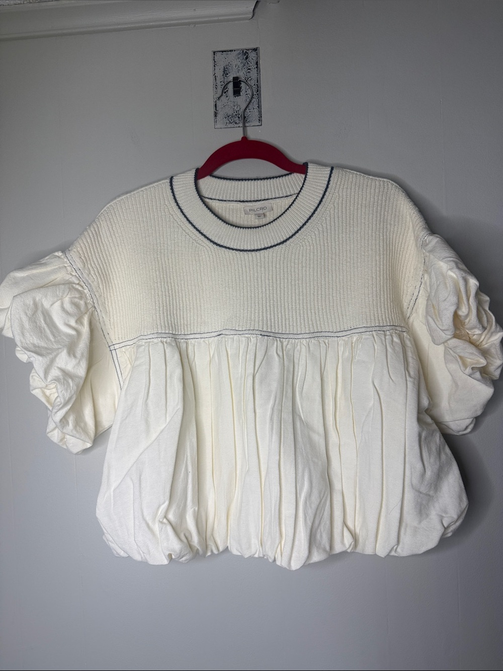 Pilcro Ivory Puff-Sleeve Peasant Sweatshirt with Navy Trim